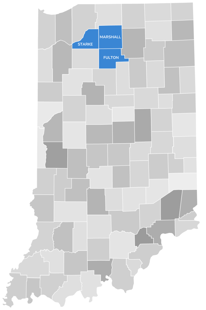 Greyscale Indiana county map with Starke, Marshall, and Fulton Counties highlighted in blue